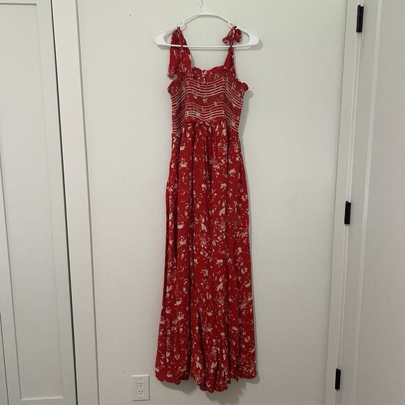 Free People Color My World Wide-leg Jumpsuit XS Smocked Tie Shoulder Red Floral - Picture 7 of 11